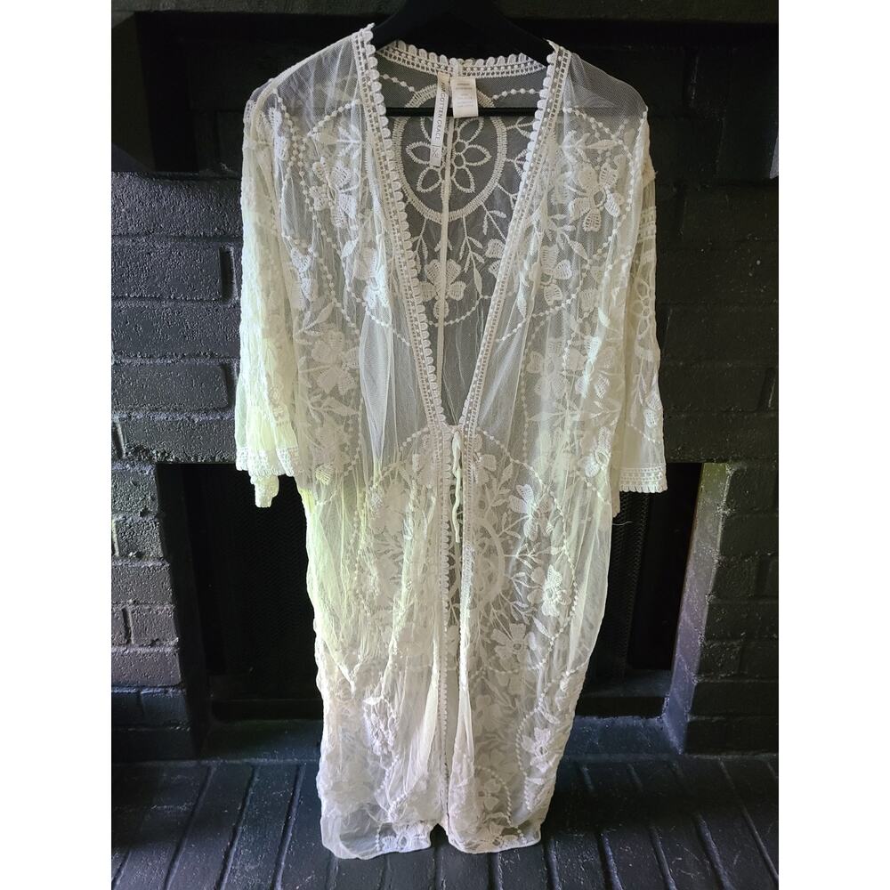 FORGOTTEN GRACE Ivory Lace Sheer Robe Swim Coverup Women's Size L/XL 3/4 Sleeve